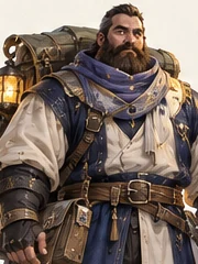 Concept art of the Porter, a broad bearded man carrying a large pack hung with lanterns.